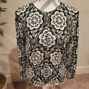 August Silk Sweater Size LARGE Black & White Geometric Cardigan Button Up